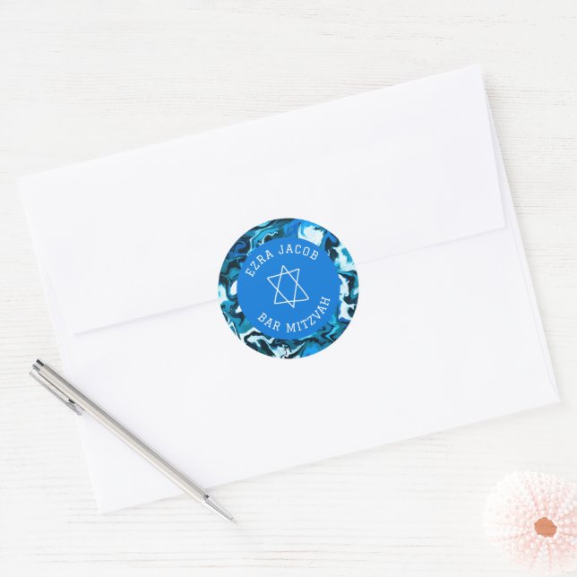 Blue Marble Star of David Custom Bar Bat Mitzvah Classic Round Sticker (Envelope)
