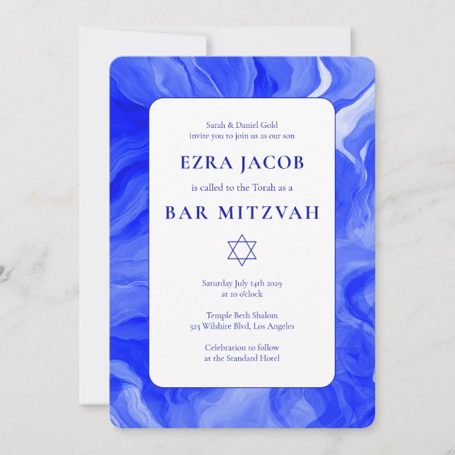 Blue Marble Star of David Custom Bar Bat Mitzvah Invitation (Front)