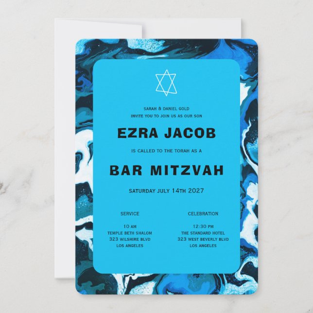 Blue Marble Star of David Custom Bar Bat Mitzvah Invitation (Front)