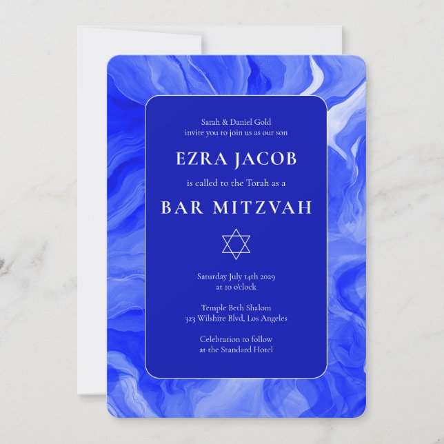 Blue Marble Star of David Custom Bar Bat Mitzvah Invitation (Front)