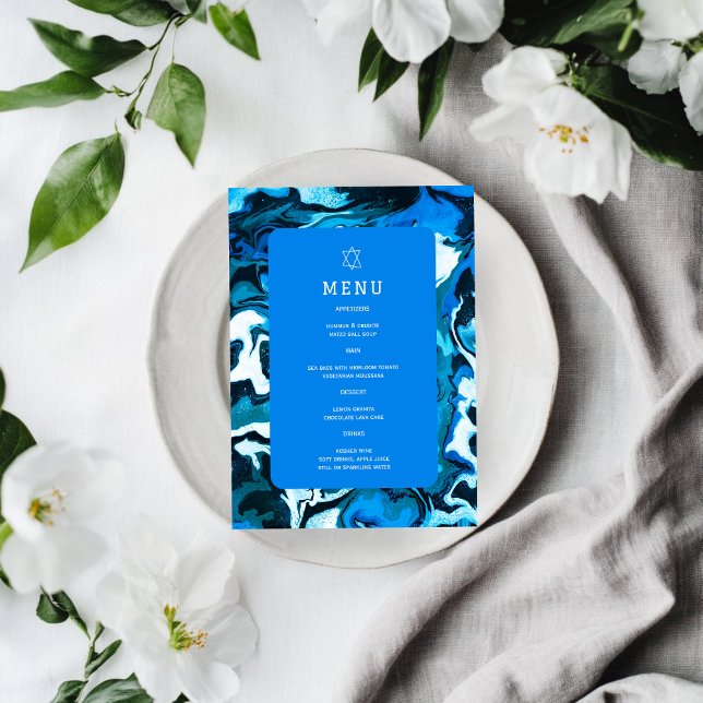 Blue Marble Star of David Custom Bar Bat Mitzvah Menu (Blue Marble Star of David Custom Bar Bat Mitzvah Jewish Wedding Event  Menu
)