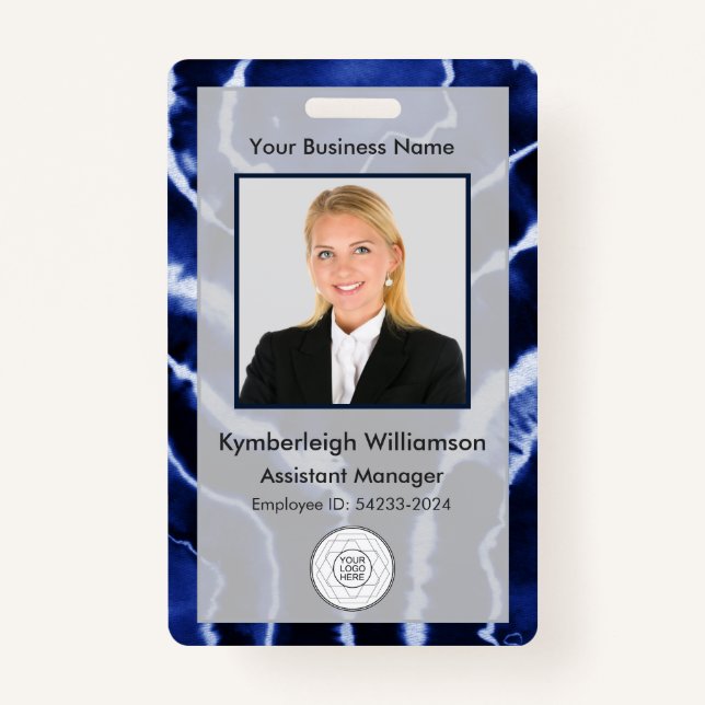 Blue Marble Tie Dye Business Employee Photo ID ID Badge (Front)