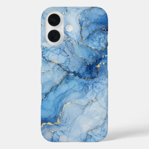 Blue Marble Watercolor Pattern with Gold Veins iPhone 16 Case