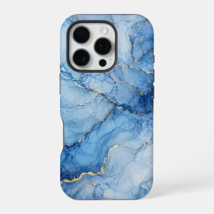 Blue Marble Watercolor Pattern with Gold Veins iPhone 16 Pro Case