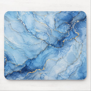Blue Marble Watercolor Pattern with Gold Veins Mouse Mat