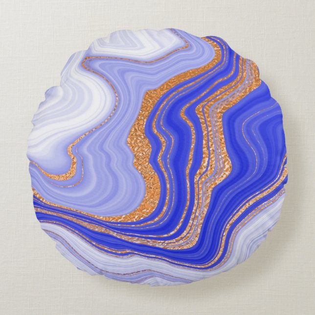 Blue marble with gold texture round cushion (Front)