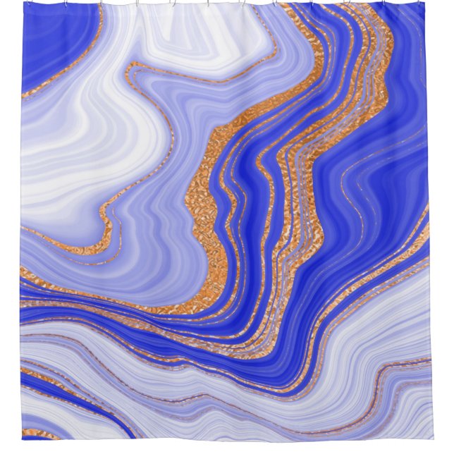 Blue marble with gold texture shower curtain (Front)