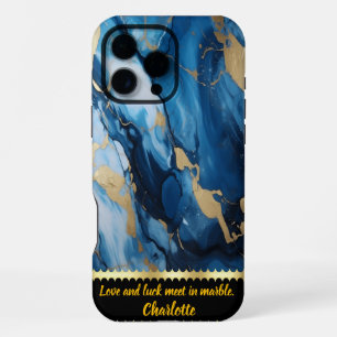 Blue marble with golden accents iPhone 16 pro max case