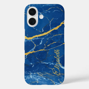 Blue Marble with Yellow Accents Custom Name iPhone 16 Case