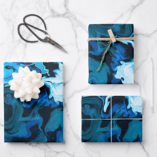 Blue Marbled Brushstrokes Handmade Wrapping Paper Sheet