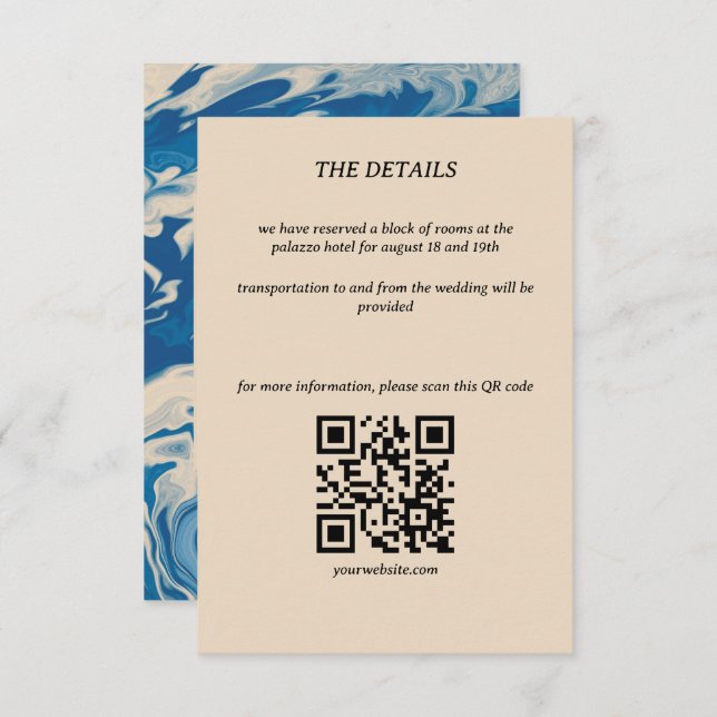 Blue Marbled Modern Coastal Wedding Details Card (Front/Back)