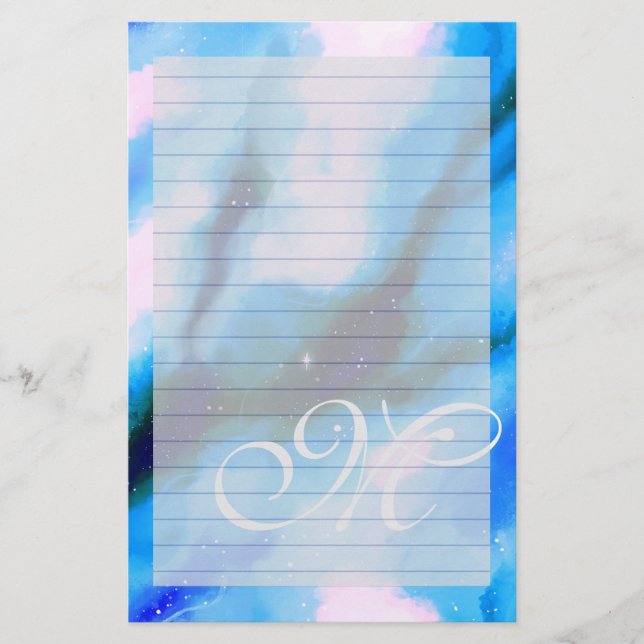 Blue Marbled Outer Space Abstract Monogram Lined Stationery (Front)