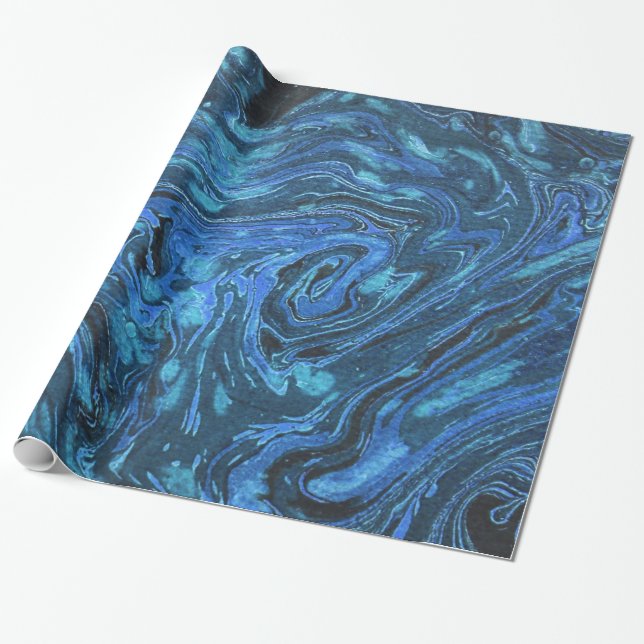 Blue Marbled Paper Abstract Gift Wrap (Unrolled)