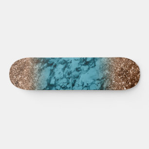 Blue Marbleing and Gold Glitter Skateboard