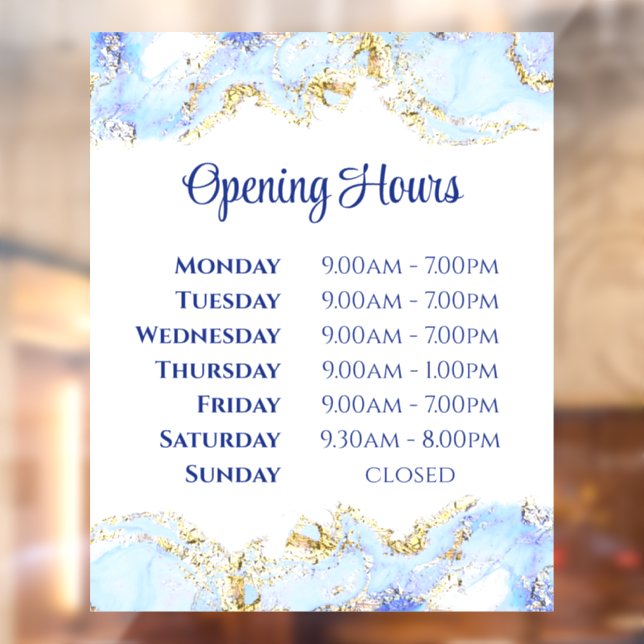 Blue marbling design opening hours window cling (Sheet 2)