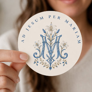 Blue Marian Monogram Catholic Lilies Classic Round Sticker