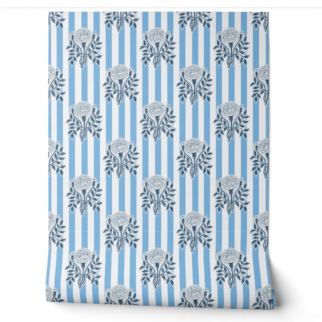 Blue Marigold flowers stripe pattern Wallpaper (Unrolling)