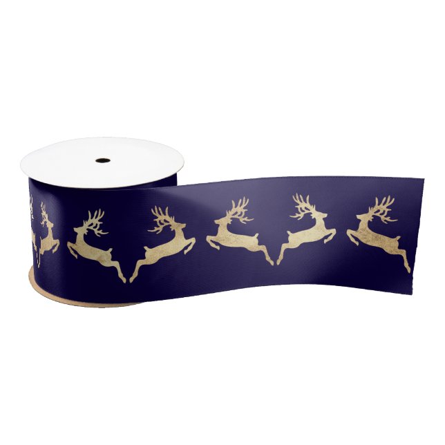 Blue Marine Golden Christmas Holidays Reindeer Satin Ribbon (Spool)