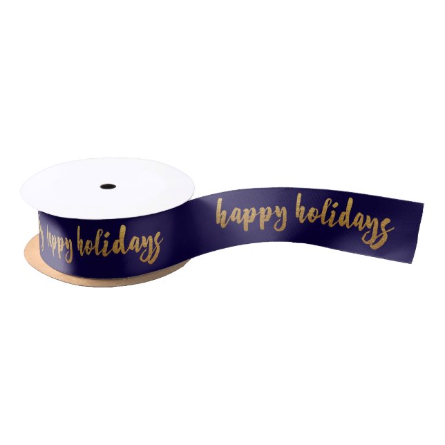 Blue Marine Golden Happy Holidays Reinadeer Satin Ribbon (Spool)