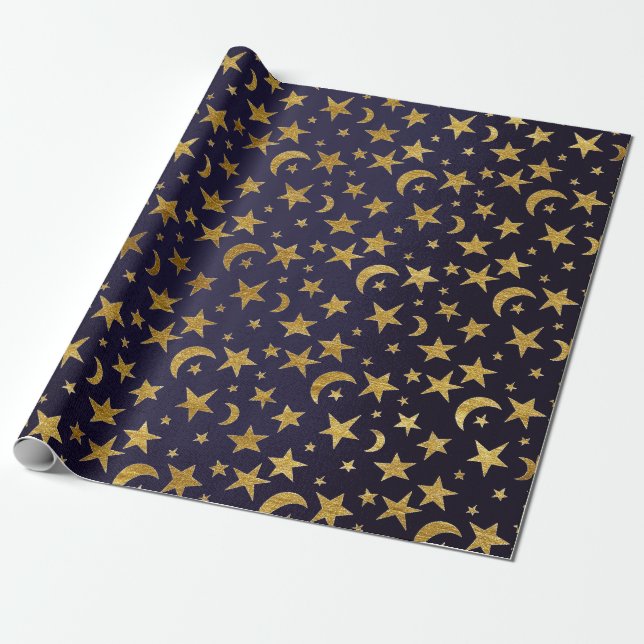 Blue Marine Golden Stars and Moon Sky Wrapping Paper (Unrolled)