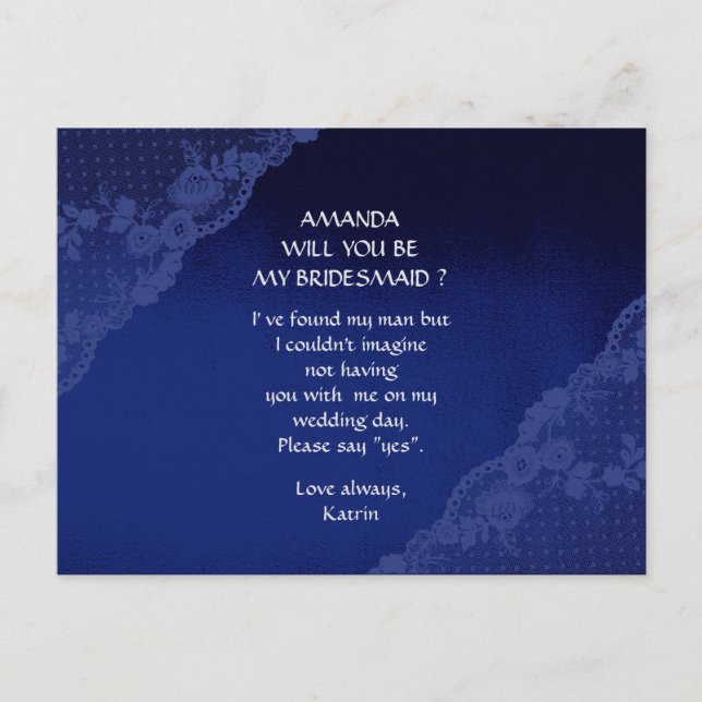 Blue Marine Lace Will You Be My Bridesmaid Invitation Postcard (Front)