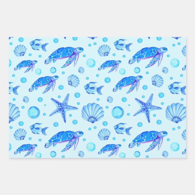 Blue Marine Life - Turtles, Fish and Seashells  Wrapping Paper Sheet (Front)
