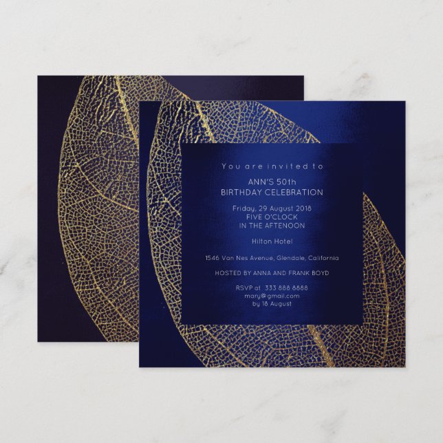 Blue Marine Navy Leaf Gold Birthday Party Invitation (Front/Back)
