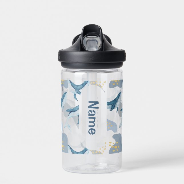 Blue Marine Whale Wrap Around Kids Personalised  Water Bottle (Front)