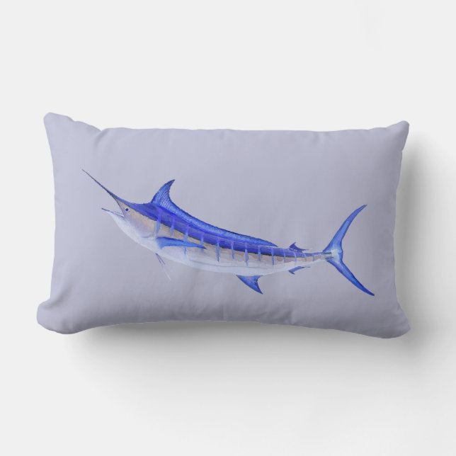 Blue Marlin Fish on Grey Lumbar Cushion (Front)