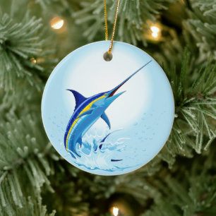 Blue Marlin Jumping out of Ocean Ceramic Tree Decoration