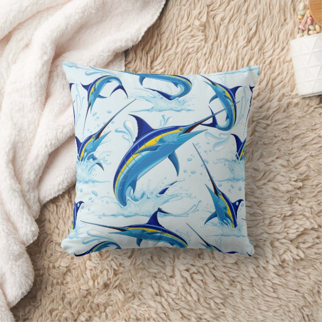 Blue Marlin Jumping out of Ocean Cushion (Blanket)