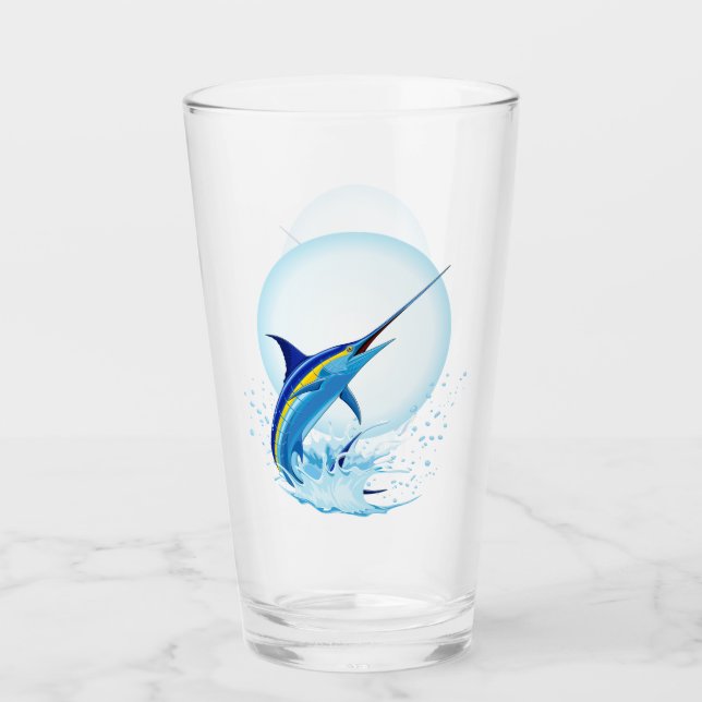 Blue Marlin Jumping out of Ocean Glass (Front)