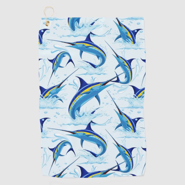 Blue Marlin Jumping out of Ocean Golf Towel (Front)