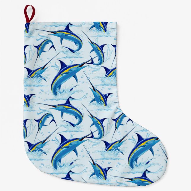 Blue Marlin Jumping out of Ocean Large Christmas Stocking (Front)