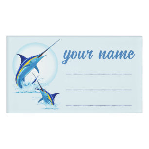 Blue Marlin Jumping out of Ocean Name Tag