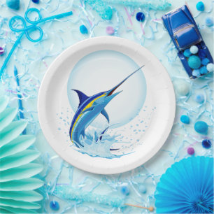Blue Marlin Jumping out of Ocean Paper Plate