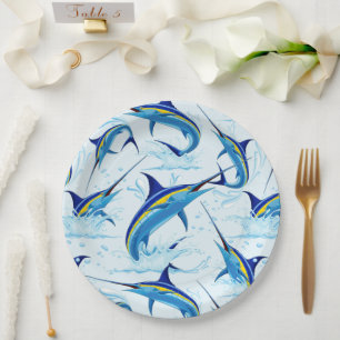Blue Marlin Jumping out of Ocean Paper Plate