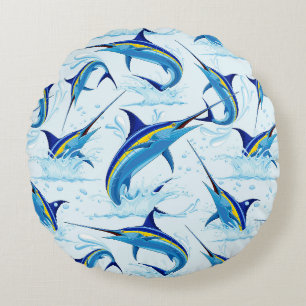 Blue Marlin Jumping out of Ocean Round Cushion