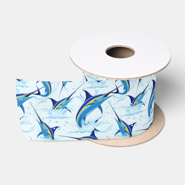 Blue Marlin Jumping out of Ocean Satin Ribbon (Spool)