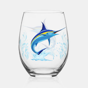 Blue Marlin Jumping out of Ocean Stemless Wine Glass