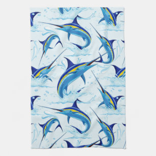 Blue Marlin Jumping out of Ocean Tea Towel