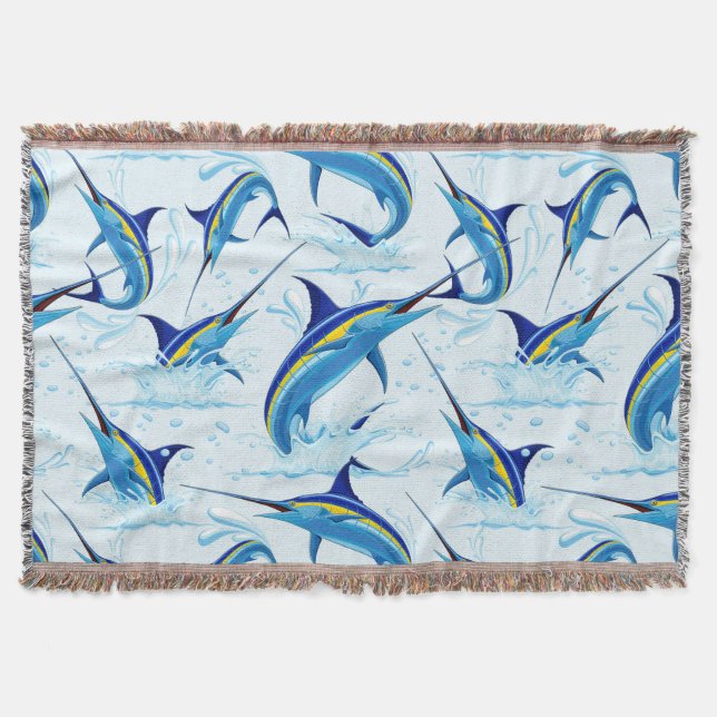 Blue Marlin Jumping out of Ocean Throw Blanket (Front)
