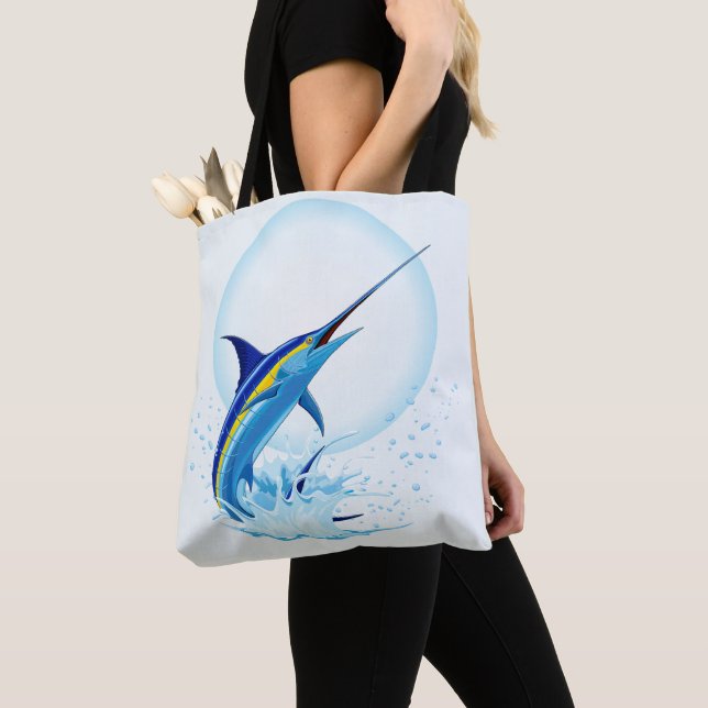 Blue Marlin Jumping out of Ocean Tote Bag (Close Up)
