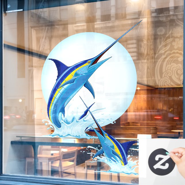 Blue Marlin Jumping out of Ocean Window Cling (Cafe Window)