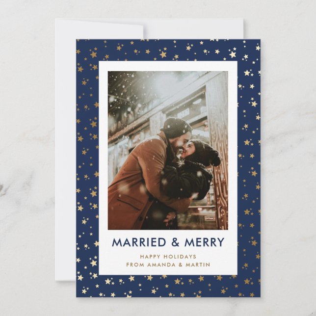 Blue Married and Merry Newlywed Photo Holiday Card (Front)
