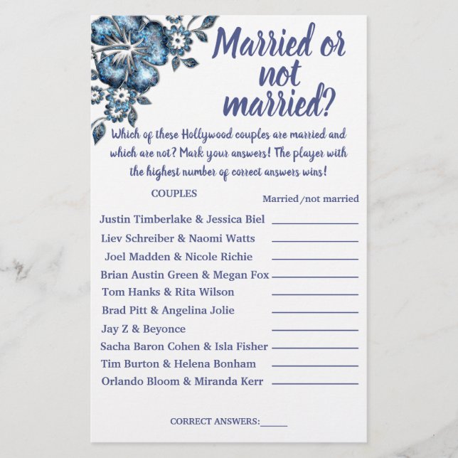 BLUE MARRIED OR NOT MARRIED SHOWER GAME CARD (Front)