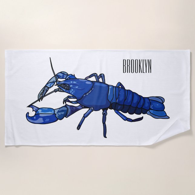Blue marron crayfish cartoon illustration beach towel (Front)