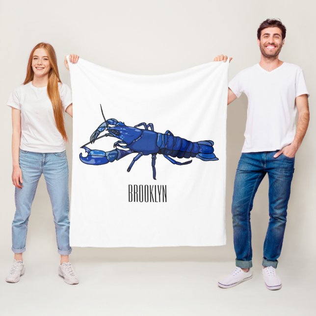Blue marron crayfish cartoon illustration fleece blanket (In Situ)