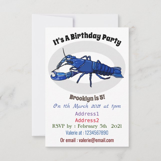 Blue marron crayfish cartoon illustration invitation (Front)