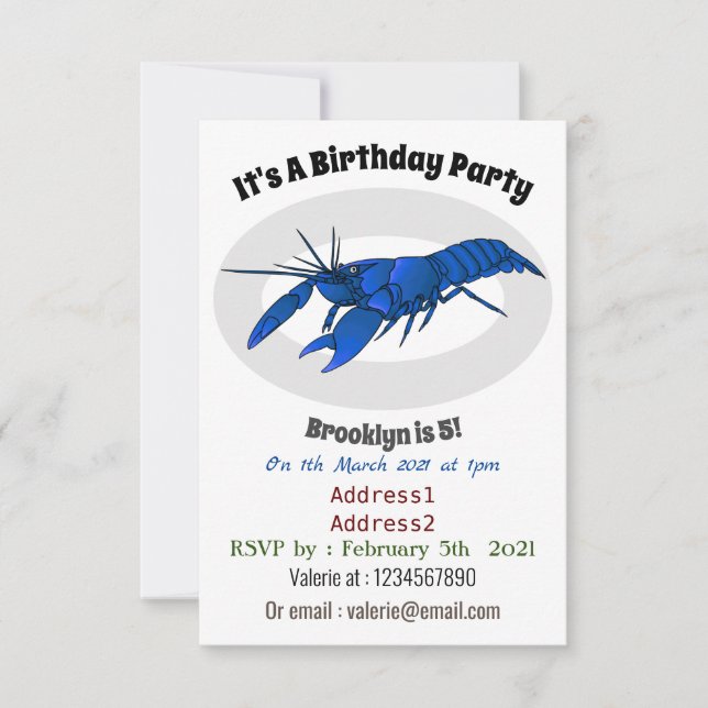 Blue marron crayfish cartoon illustration  invitation (Front)